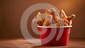 Generative AI Fried Chicken wings and legs Bucket full of crispy kentucky fried chicken on brown background busine