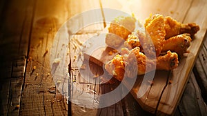 Generative AI Fried chicken wings on wooden table Breaded Crispy fried kentucky chicken tasty dinner business conc
