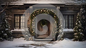 Generative AI, Front door with Christmas decoration, wreath and garland