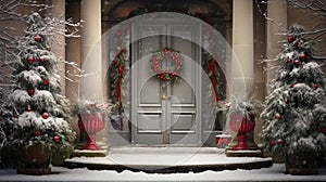 Generative AI, Front door with Christmas decoration, wreath and garland