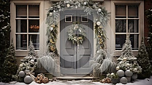 Generative AI, Front door with Christmas decoration, wreath and garland