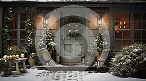 Generative AI, Front door with Christmas decoration, wreath and garland