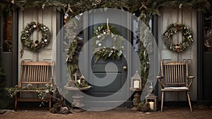 Generative AI, Front door with Christmas decoration, wreath and garland