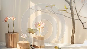 Generative AI Front view of some lotus flowers Nelumbo nucifera standing beside wooden podiums and tree branch Con