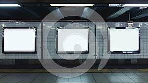 Generative AI Front view of three empty white billboard screens at the metro station Mock up Blank advertising bil