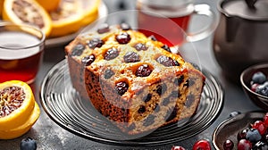 Generative AI Fruit cake Bara Brith with cup of tea Welsh traditional dessert Grey background Close up business co photo