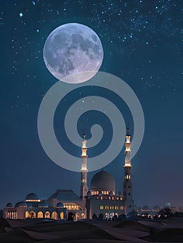 Generative AI. Full Moon Illuminates a Grand Mosque Against the Night Sky. Eid al-Adha Concept