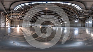 Generative AI full seamless spherical hdri panorama 360 degrees in interior of large empty room as warehouse or ha