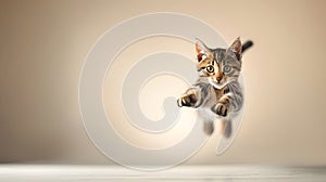 Generative AI funny cat flying photo of a playful tabby cat jumping midair looking at camera background with copy