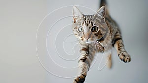 Generative AI funny cat flying photo of a playful tabby cat jumping midair looking at camera background with copy