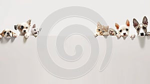 Generative AI Funny happy dogs and cats peeking over blank white web banner or social media cover with paws hangin