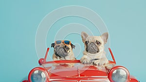 Generative AI Funny pug dog with sunglasses in toy car on light blue background business concept.