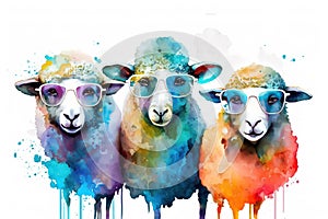 Generative AI. Funny sheeps with glasses, animal portrait. Watercolor illustration. Farm animals