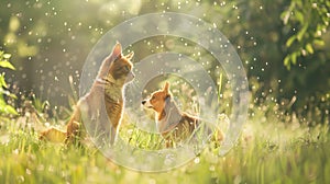 Generative AI furry friends red cat and corgi dog walking in a summer meadow under the drops of warm rain business