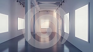 Generative AI Gallery interior empty frames on wall. Art gallery empty interior, room with white walls, floor and