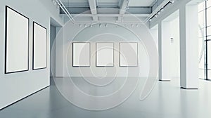 Generative AI Gallery interior empty frames on wall. Art gallery empty interior, room with white walls, floor and