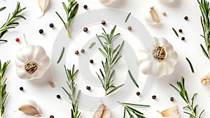 Generative AI garlic with rosemary and peppercorn isolated on white background Top view Flat lay pattern business