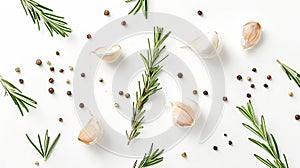 Generative AI garlic with rosemary and peppercorn isolated on white background Top view Flat lay pattern business