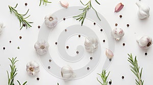 Generative AI garlic with rosemary and peppercorn isolated on white background Top view Flat lay pattern business