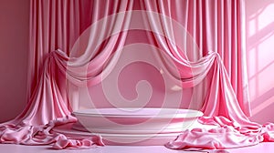 Generative AI Geometric empty podium with textile fabric drape on pink background, display for product, cosmetic a