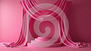 Generative AI Geometric empty podium with textile fabric drape on pink background, display for product, cosmetic a