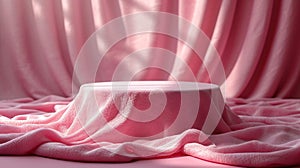 Generative AI Geometric empty podium with textile fabric drape on pink background, display for product, cosmetic a