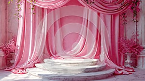 Generative AI Geometric empty podium with textile fabric drape on pink background, display for product, cosmetic a