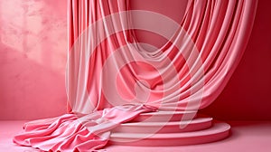 Generative AI Geometric empty podium with textile fabric drape on pink background, display for product, cosmetic a