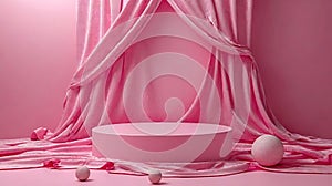 Generative AI Geometric empty podium with textile fabric drape on pink background, display for product, cosmetic a