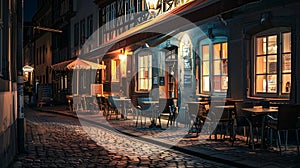 Generative AI Germany Dusseldorf Old town old houses pavement restaurant at night business concept.