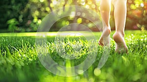 Generative AI girl walks on the grass barefoot in the park happy family kid dream concept bare feet closeup walks