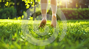 Generative AI girl walks on the grass barefoot in the park happy family kid dream concept bare feet closeup walks