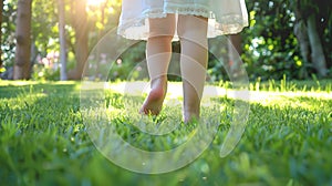 Generative AI girl walks on the grass barefoot in the park happy family kid dream concept bare feet closeup walks