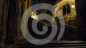 Generative AI Girona city by night Pujada de Sant Domenec stairs and Arch of the Agullana Palace Catalonia Spain b photo