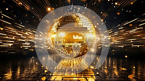 Glittering disco ball reflecting golden light beams on the dance floor, creating a dazzling spectacle and festive atmosphere