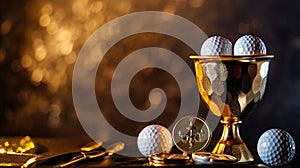 Generative AI Gold cup with prize medals golf club and balls on dark background business concept.