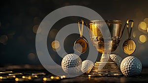 Generative AI Gold cup with prize medals golf club and balls on dark background business concept.