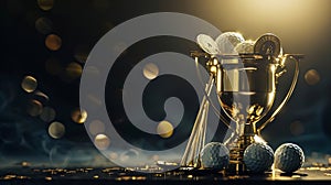 Generative AI Gold cup with prize medals golf club and balls on dark background business concept.