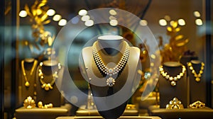 Generative AI Gold jewelry diamond shop with rings and necklaces luxury retail store window display showcase busin