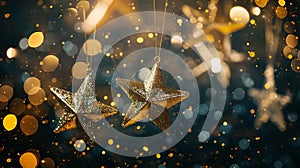 Generative AI Golden Christmas and New Year glittering stars swirl on black bokeh background. backdrop with sparkl