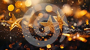 Generative AI Golden Christmas and New Year glittering stars swirl on black bokeh background. backdrop with sparkl