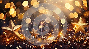 Generative AI Golden Christmas and New Year glittering stars swirl on black bokeh background. backdrop with sparkl