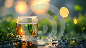 Generative AI. Golden Hued Whiskey Glass With Clover Leaf on a Wet Surface at Dusk