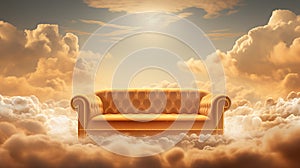 Generative AI, Golden and white fantastic 3d clouds with sofa in the sky.