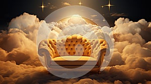 Generative AI, Golden and white fantastic 3d clouds with sofa in the sky.