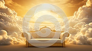 Generative AI, Golden and white fantastic 3d clouds with sofa in the sky.