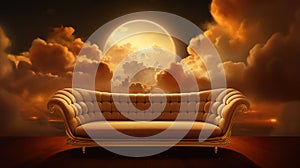 Generative AI, Golden and white fantastic 3d clouds with sofa in the sky.