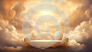 Generative AI, Golden and white fantastic 3d clouds with sofa in the sky.