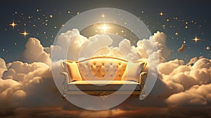 Generative AI, Golden and white fantastic 3d clouds with sofa in the sky.