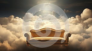 Generative AI, Golden and white fantastic 3d clouds with sofa in the sky.